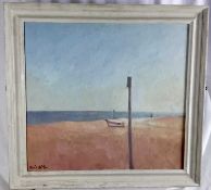 David Britton, contemporary oil on board in white painted frame - Aldeburgh Beach, 64.5cm - 59.5cm