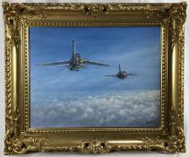 Roy Gargett (1931 - 2025) oil on canvas - R.A.F. F 35B fighter jet, signed, 34cm x 44cm in gilt fram