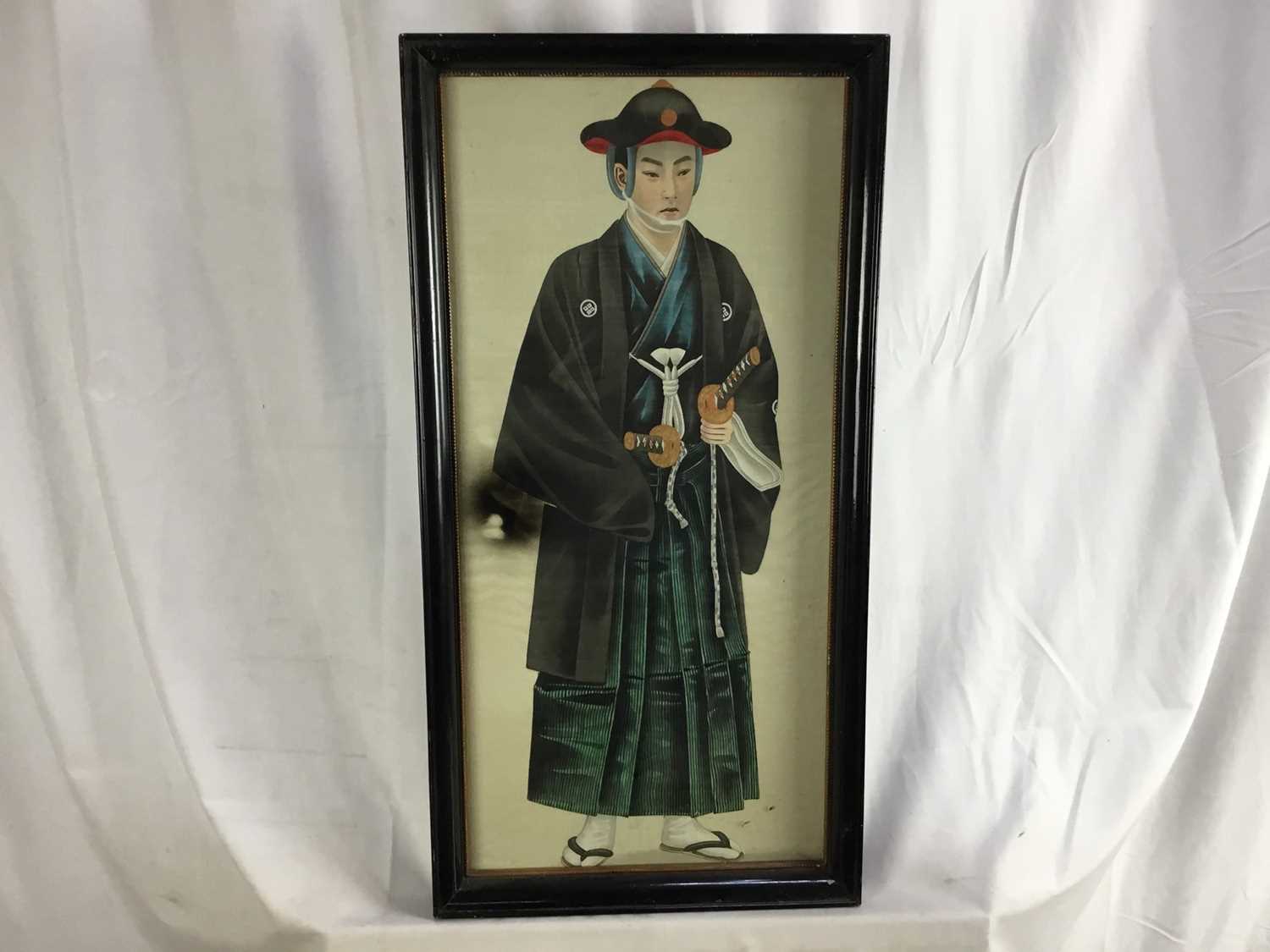 Pair of antique Japanese paintings on silk - Samurais, in glazed frames, 58cm x 27cm - Image 2 of 2