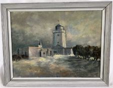 Molly Lodge, contemporary oil on panel - two lighthouses, framed, 46.5cm x 36cm overall (2)