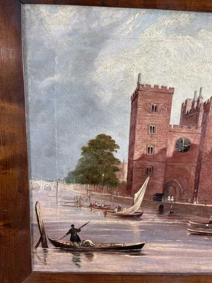 English School, 19th century, oil on canvas - Lambeth Palace from the Thames, 44cm x 60cm, in 19th c - Image 4 of 14