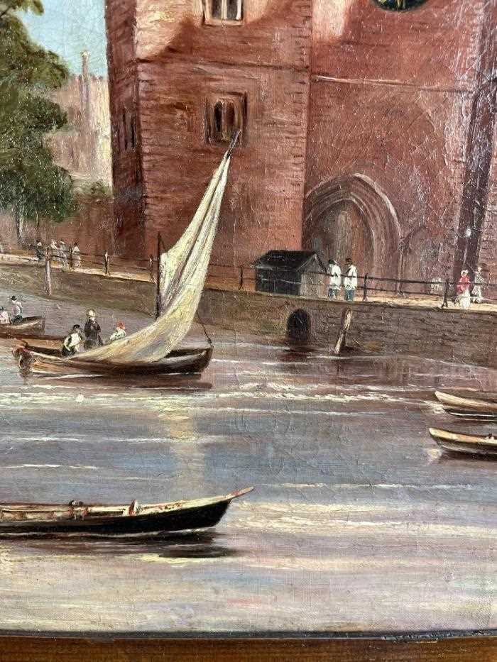 English School, 19th century, oil on canvas - Lambeth Palace from the Thames, 44cm x 60cm, in 19th c - Image 7 of 14