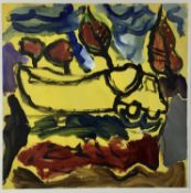 Bill West, acrylic on paper - boat on a lorry in an olive grove, signed with initials