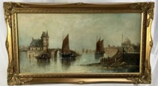 John Bale (1834-1913), three harbour scenes, oil on canvas in gilt frames