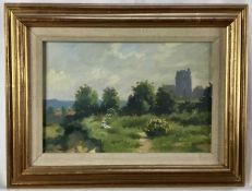 Derek Chittock (1922 - 1986) oil on artist board - A view of Seal Church, Norfolk, with a figure sat