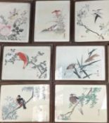 Group of seven late 19th century Oriental woodcuts of birds, some with hand colouring, framed by Rym