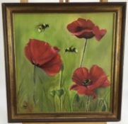 Vivek Mandalia, oil on board, poppies and bumble bees, signed. 30 x 28cm.