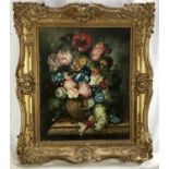 L.S. Martin oil on wood board - Still life of summer blooms, signed, in ornate gilt frame, 40cm x 50