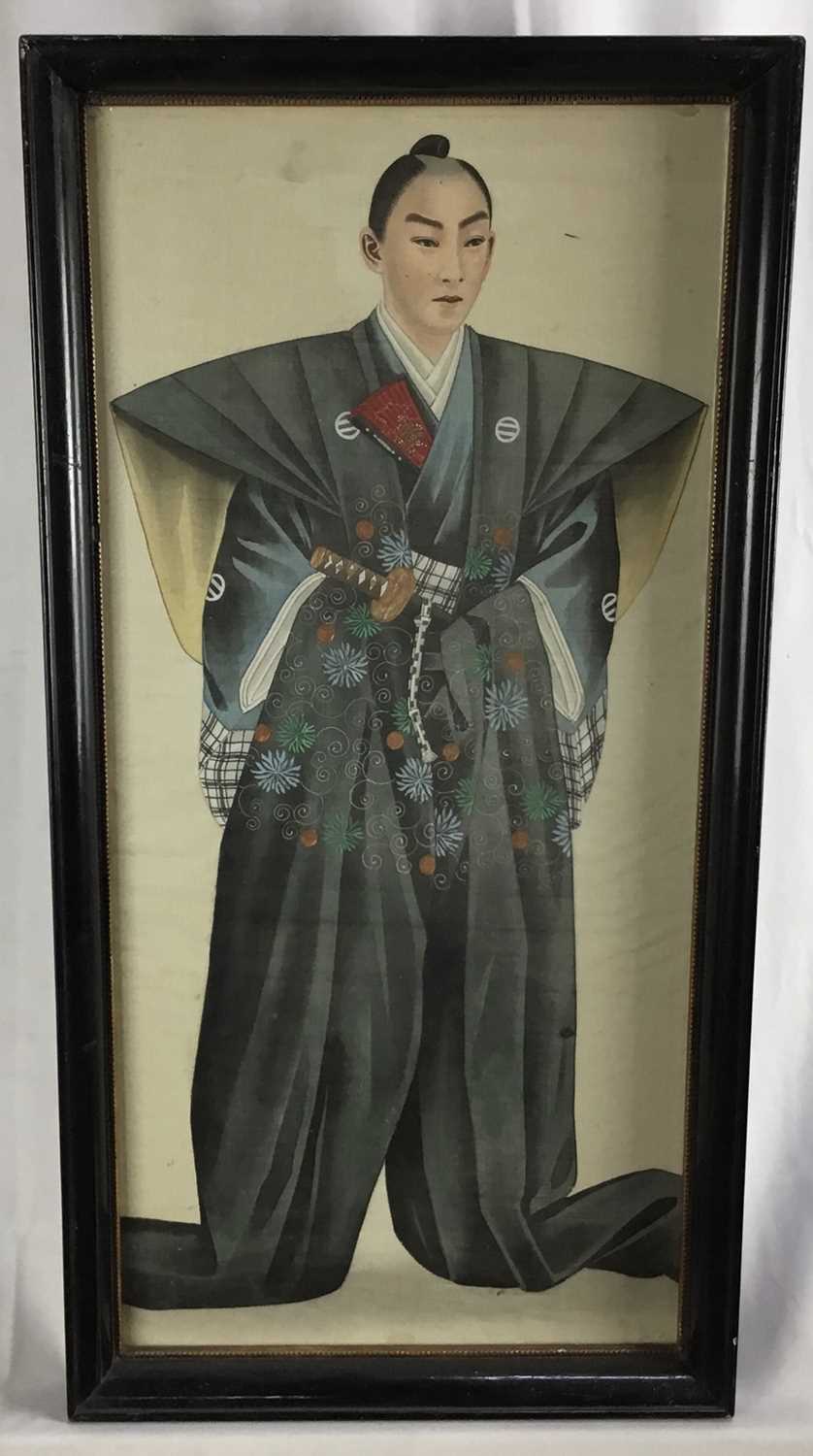 Pair of antique Japanese paintings on silk - Samurais, in glazed frames, 58cm x 27cm