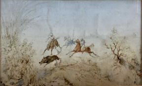 Anglo Indian watercolour of a boar hunt, 21cm x 13cm mounted in glazed gilt frame