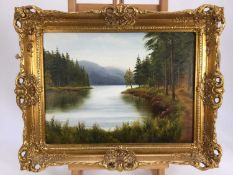 Oil on panel - Alpine landscape with lake, 38.5cm x 28.5cm, in gilt frame (51cm x 41cm overall)