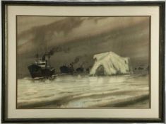 Georgy Chelak (b.1914) watercolour on paper - Convoy off Greenland, 64cm x 44cm, mounted in glazed f