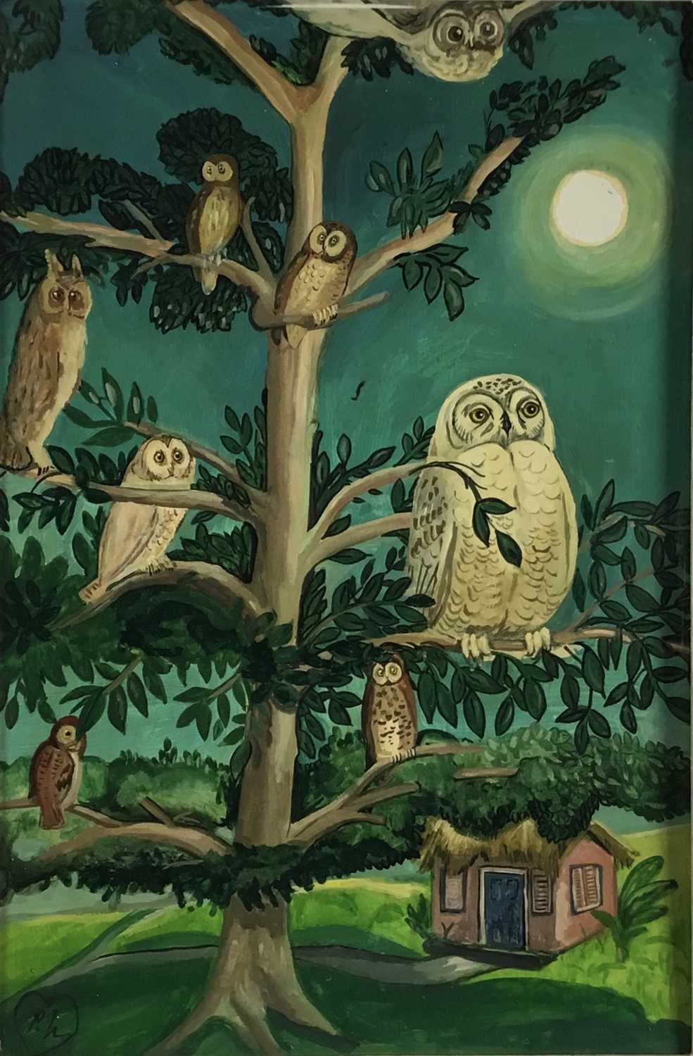 Mid 20th century school, oil on board - Owls