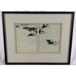 Japanese print, Watanabe Seitei (1851-1918) - birds in flight, with artists seal, the two panels tog