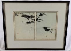 Japanese print, Watanabe Seitei (1851-1918) - birds in flight, with artists seal, the two panels tog