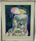 Linda Le Kinff (b.1949) signed limited edition lithograph - Lady in a patterned dress, XIII/XX, with