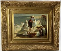 A pair of oil paintings of figures on a beach, signed P. Sachell, in gilt frames