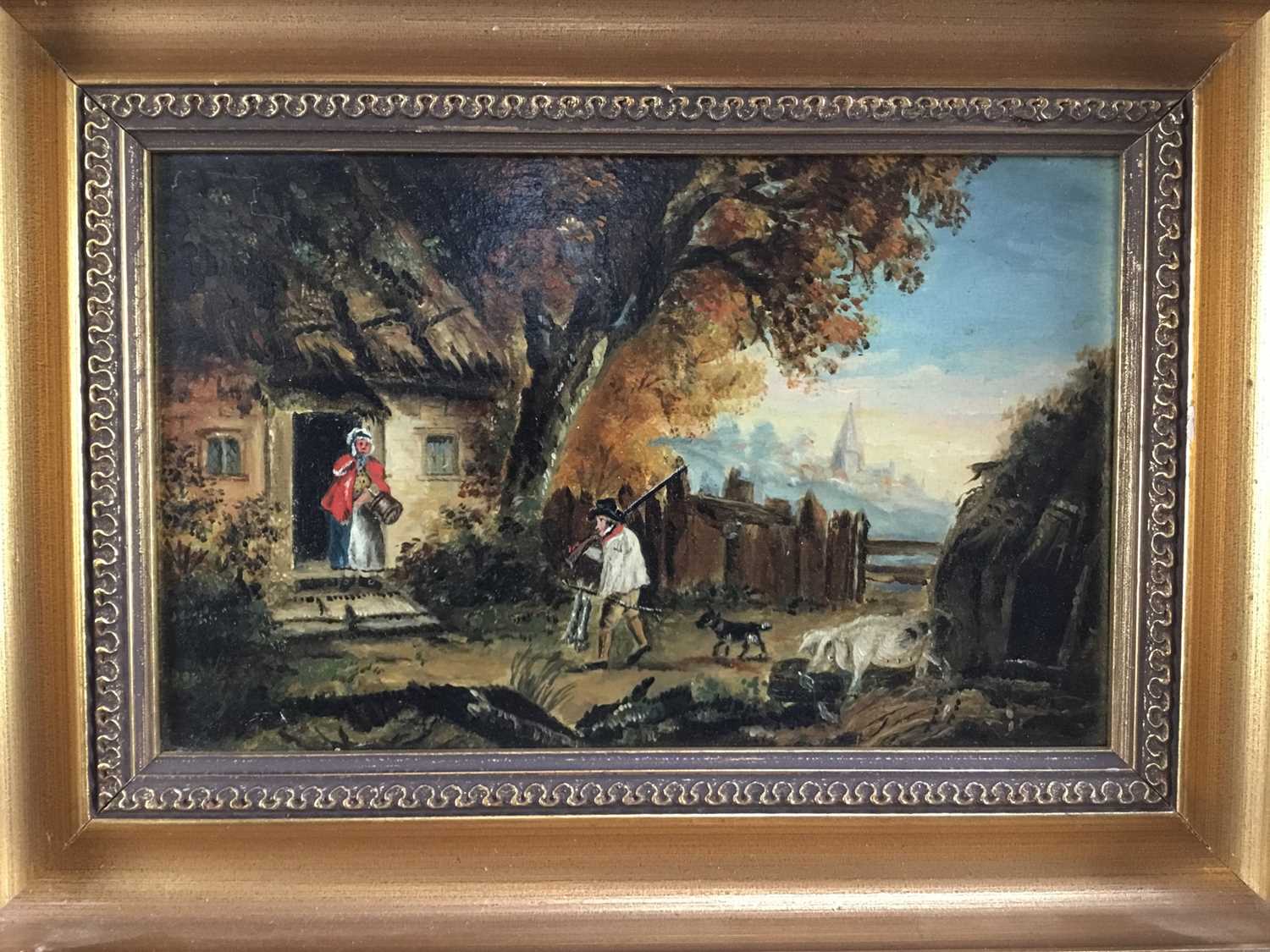 Manner of George Morland two oil on panel - hunter returning 19cm x 12cm in gilt frame (30cm x 22cm - Image 6 of 11