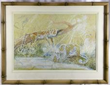 Ann Stone, 20th century watercolour and gouache - Cheetah family, signed and dated 1979, in faux bam