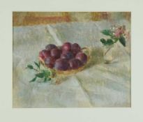 *Jacquline Rizvi (b. 1941) watercolour - Still Life, Plums in a Basket, initialled and dated '91, 28
