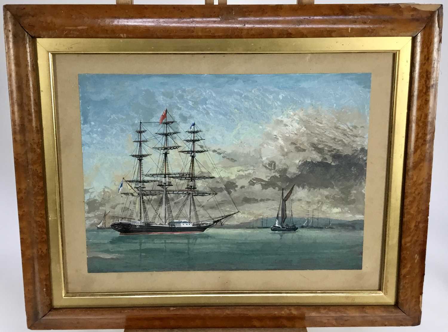 19th century English school watercolour on paper - vessels at sea, 28cm x 38cm, in maple frame, 56cm