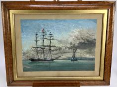 19th century English school watercolour on paper - vessels at sea, 28cm x 38cm, in maple frame, 56cm