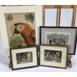 Two framed Victorian Baxter prints, an unframed antique print of Macaws and another framed Black Wat