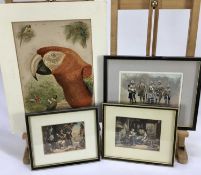 Two framed Victorian Baxter prints, an unframed antique print of Macaws and another framed Black Wat