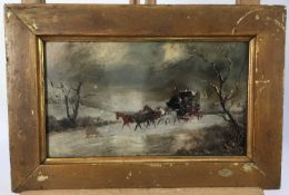 P.H. Rideout 1860 - 1920, oil on board - A coach and horses in the snow, signed, 13cm x 21cm, framed
