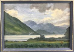 English School, 20th century, oil on board - lake and mountain landscape, 20cm x 29cm, in painted fr