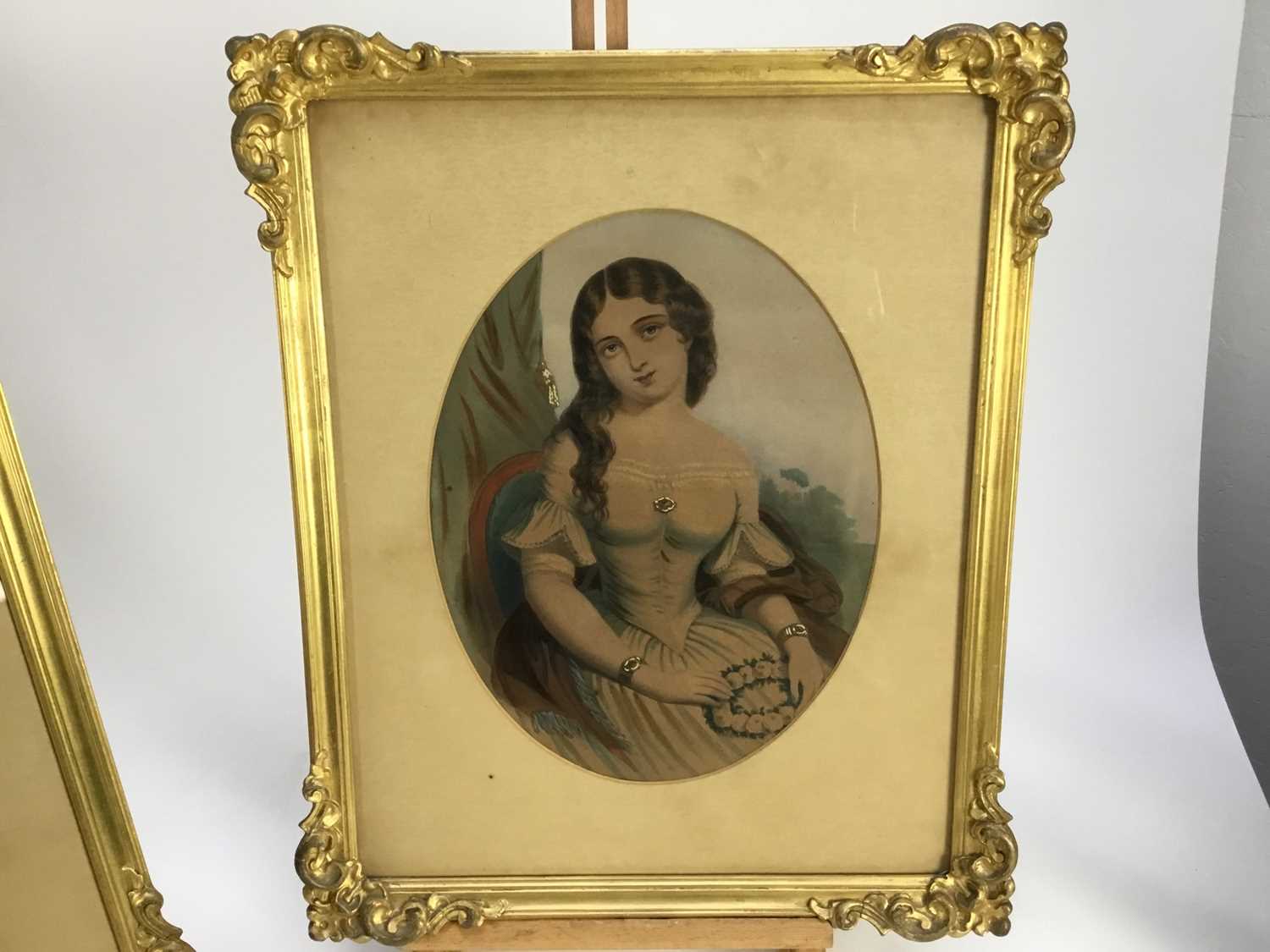 Mid 19th century oil on canvas in gilt frame- portrait of a lady, together with a pair of mid 19th c - Image 4 of 9