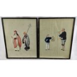 Two antique Japanese gouache works on paper - priest figures and boy with a bird cage, both 27cm x 3