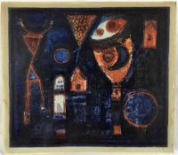 Hans Rudolf Strupler (1935-2015) mixed media on paper laid on card - blue untitled, signed, unframed