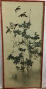 Pair of Chinese paintings on silk in red painted faux bamboo frames