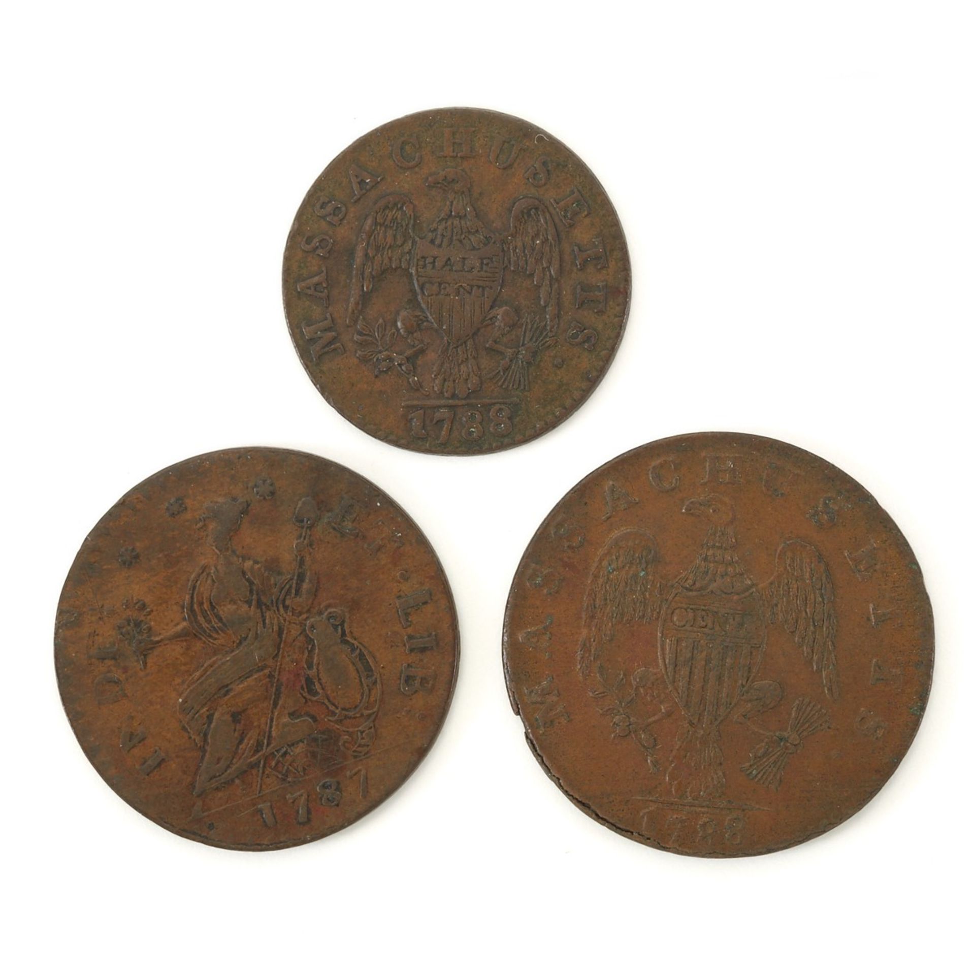 Grp: 3 1787 Massachusetts Half Cent, Cent, and Connecticut Half Cent - Image 2 of 2