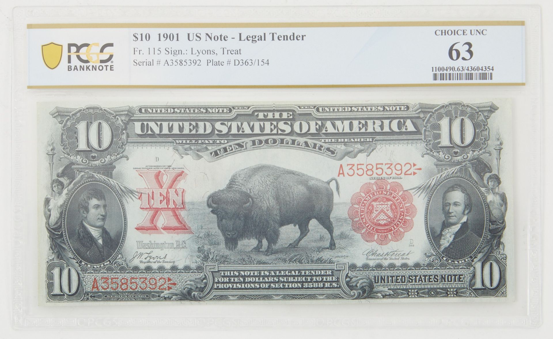 Buffalo Bison 10 Dollar Bill Serial No. A3585392 PCGS Choice UNC 63