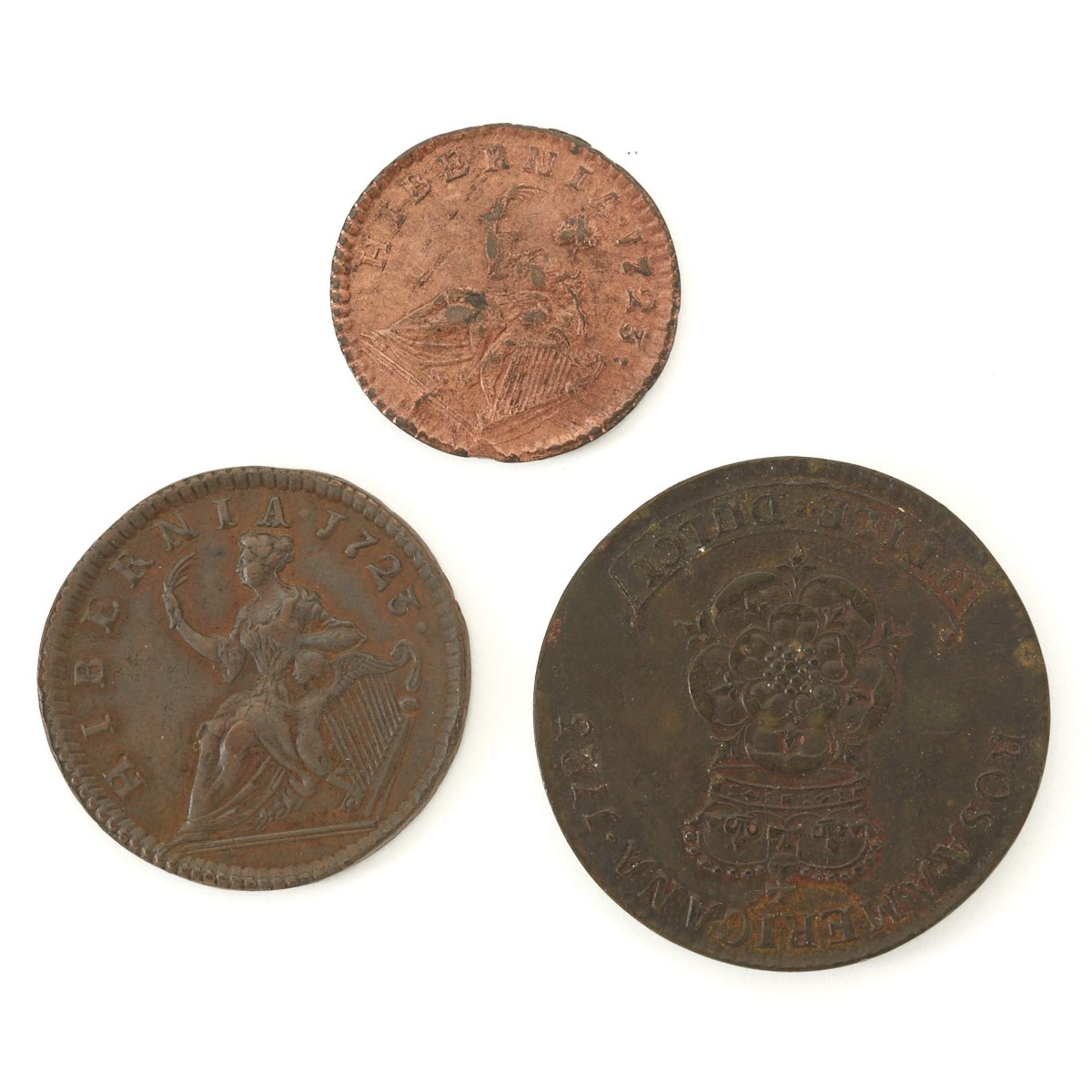 Grp: 3 William Woods Rosa Americana Two Pence Farthing Half Penny 1723 - Image 2 of 2