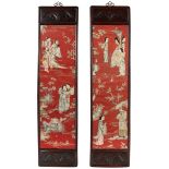 Pair of Chinese Red Silk Framed Panels