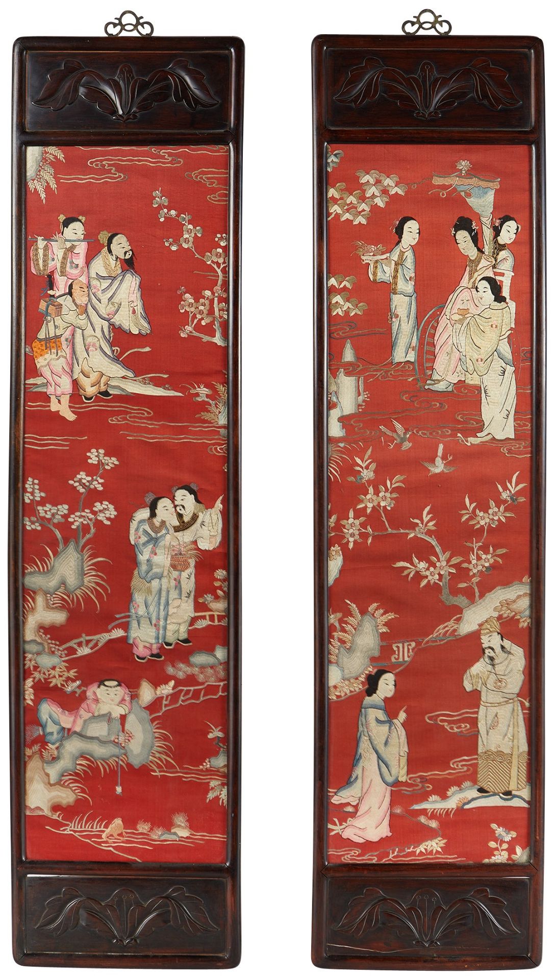 Pair of Chinese Red Silk Framed Panels