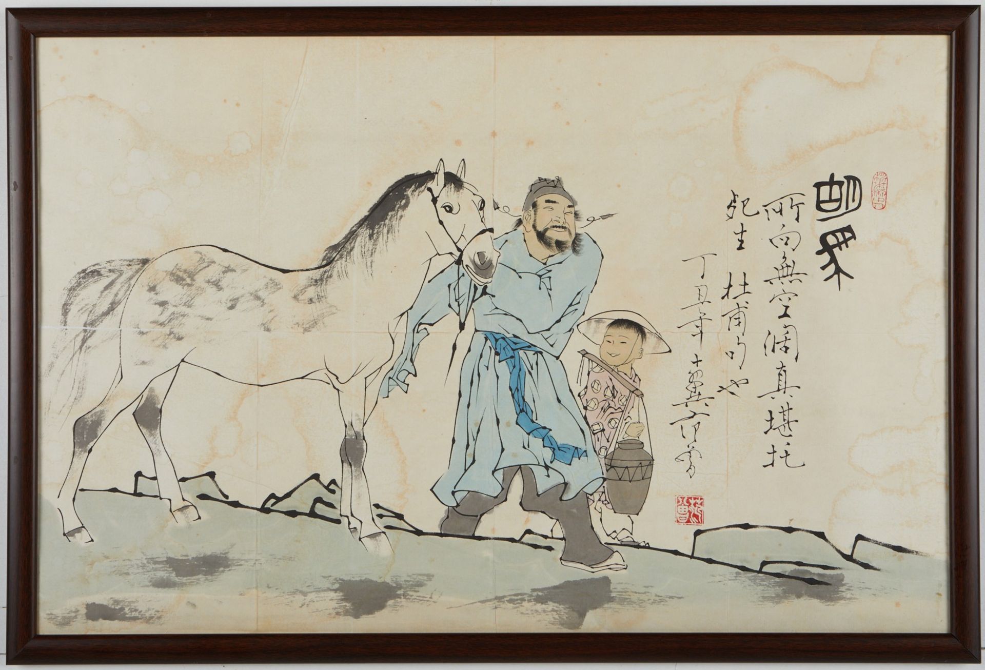 20th c. Chinese Painting Figures w/ Horse - Image 2 of 6