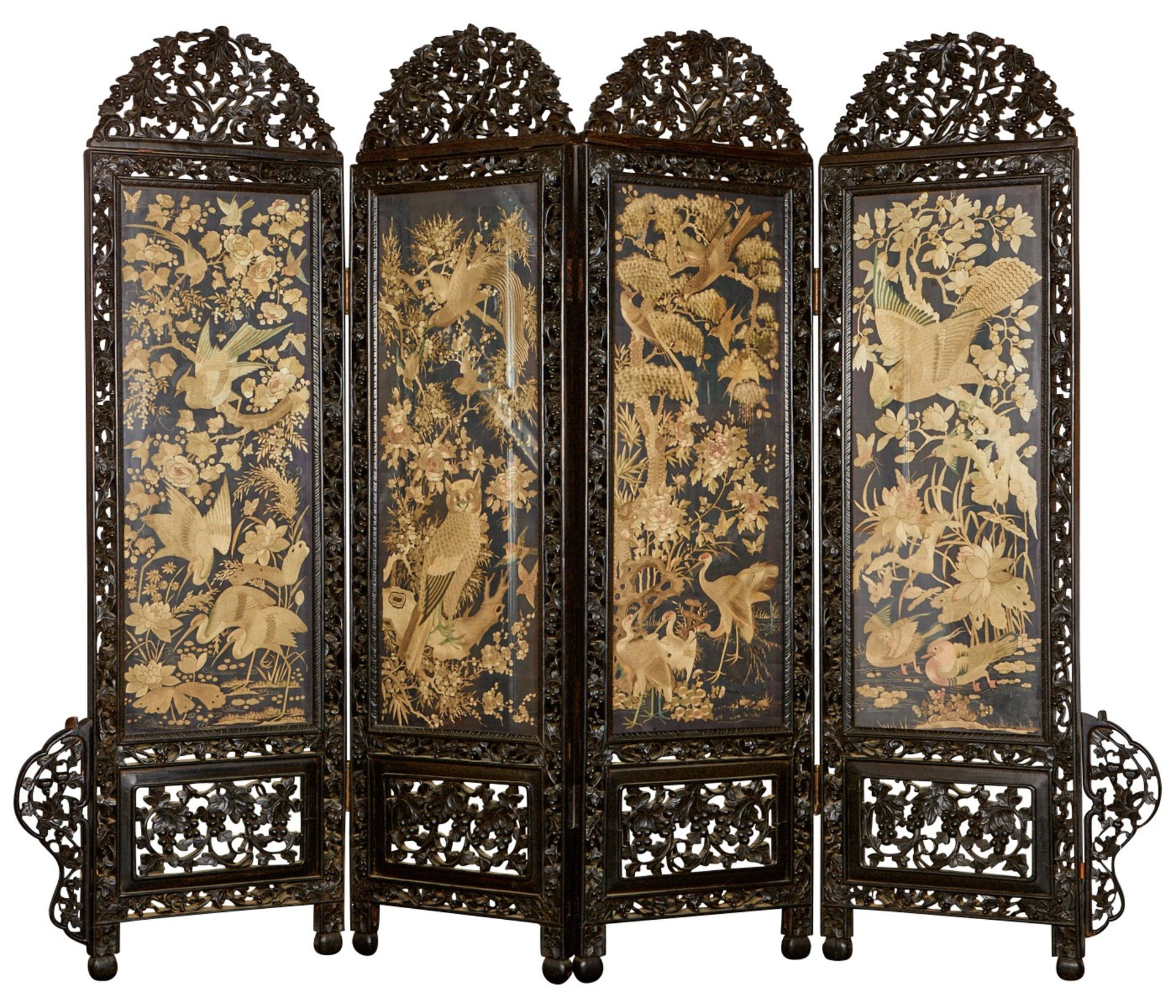 Chinese 4 Panel Floor Screen - Embroidered