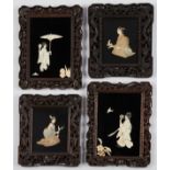 Set 4 Japanese Framed Panels Bone & Mother of Pearl