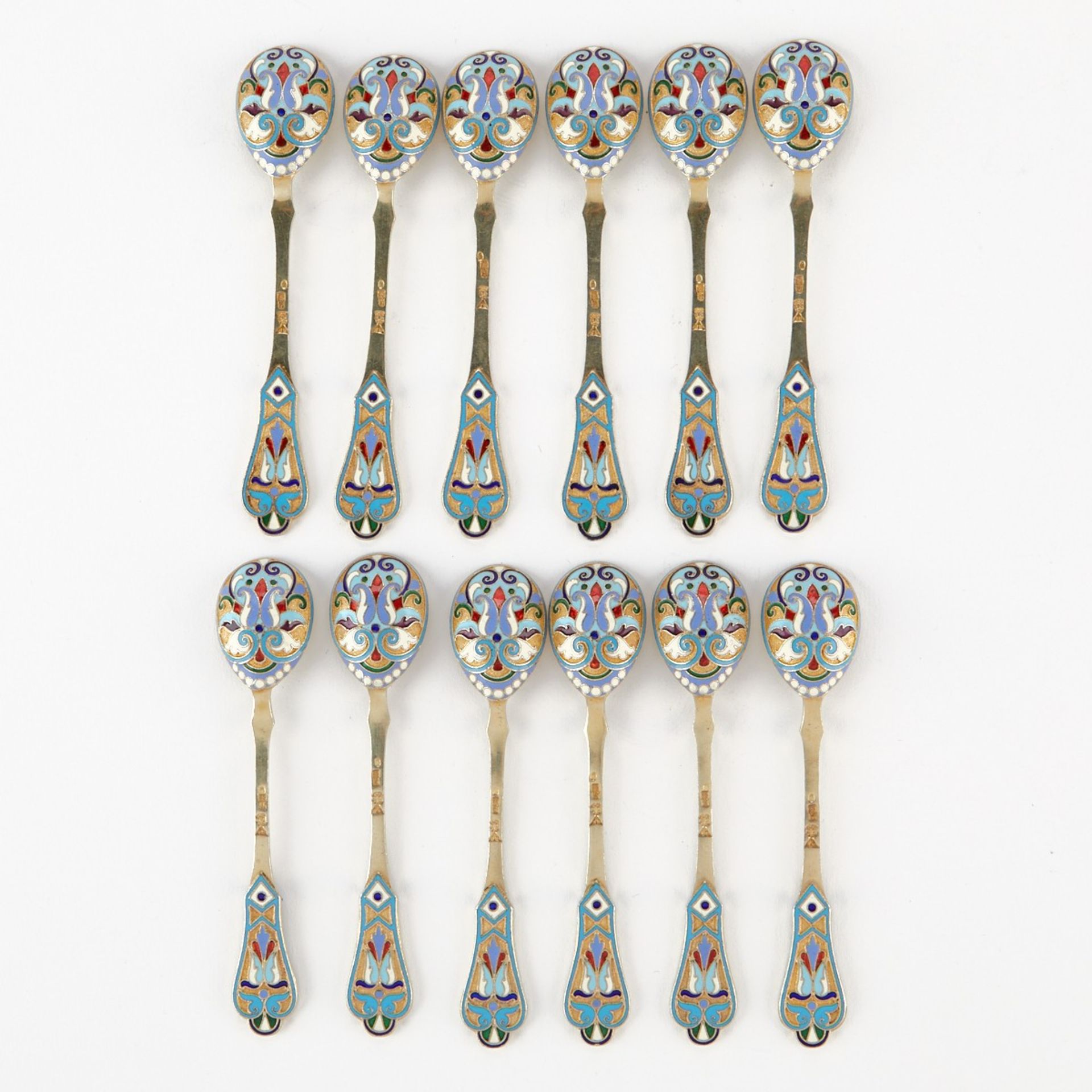 Grp: 12 Russian Silver Enamel Spoons & Case - Bild 2 aus 7