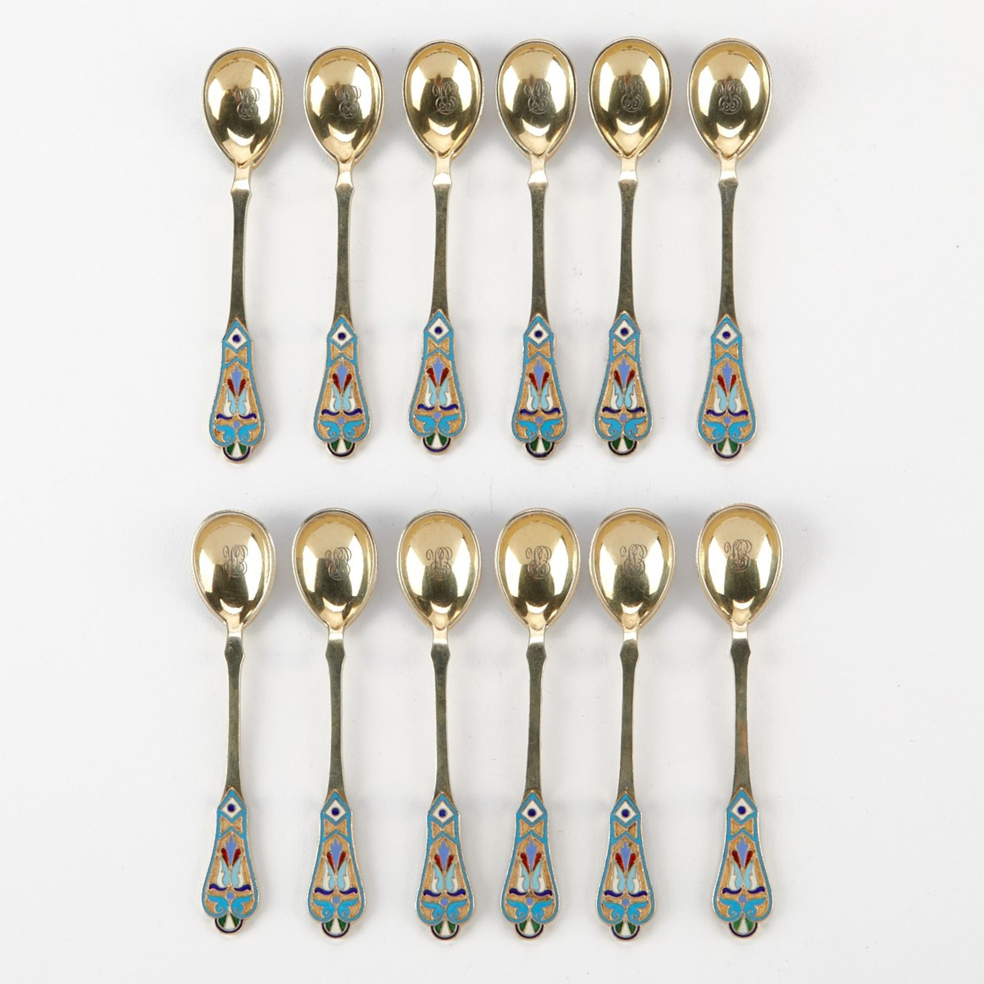 Grp: 12 Russian Silver Enamel Spoons & Case - Bild 3 aus 7