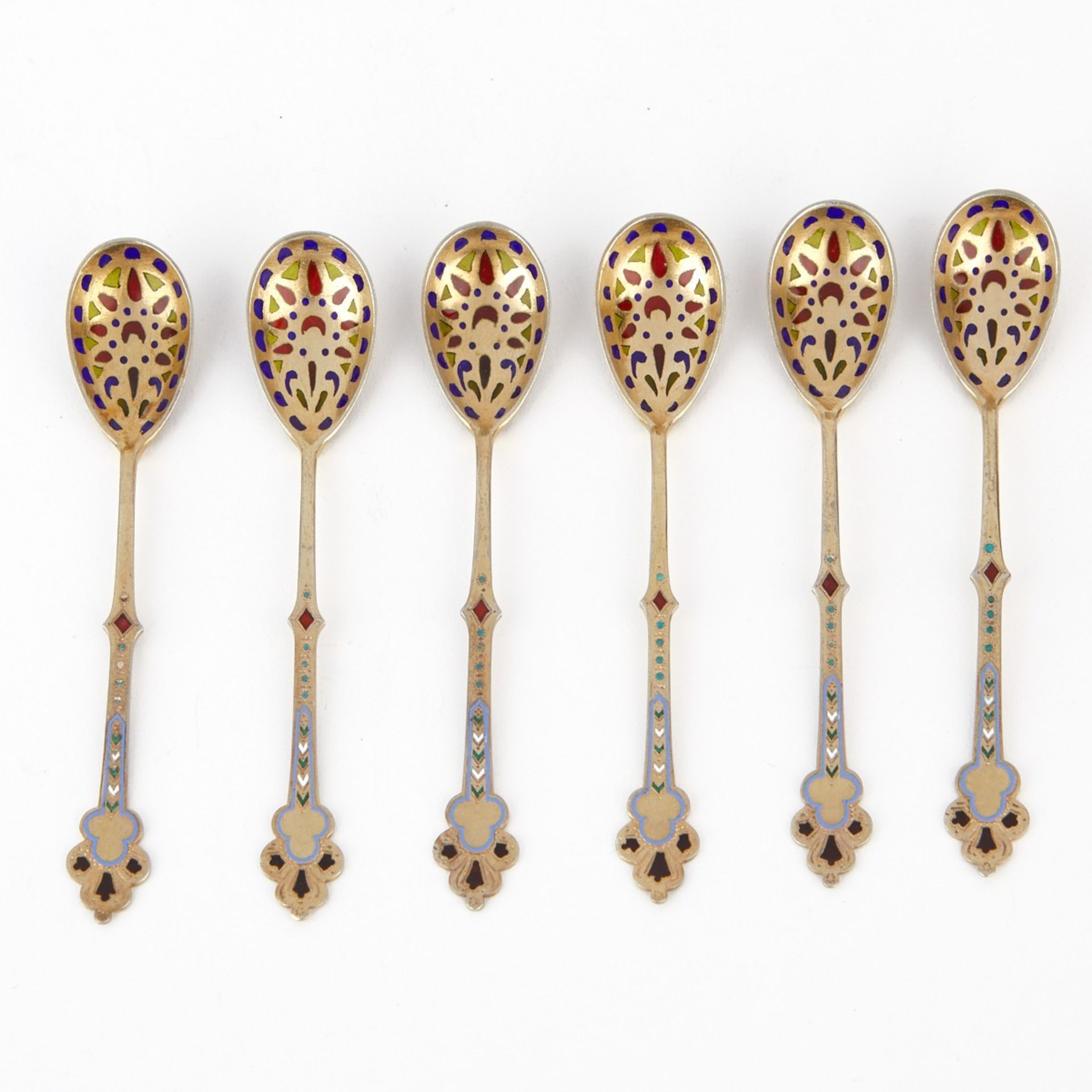 Set 6 Russian Silver Plique a Jour Spoons - Bild 2 aus 6