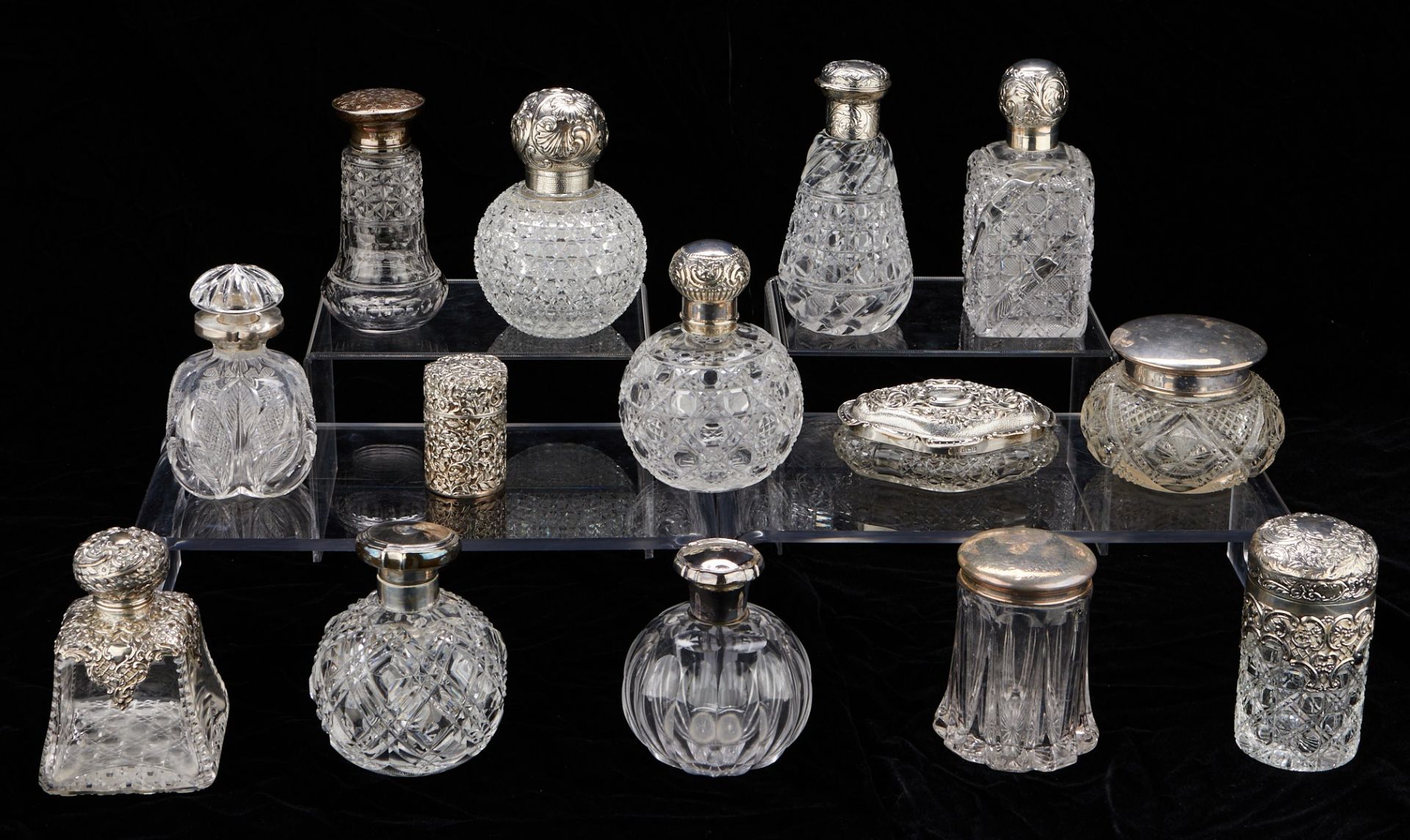 Grp: 14 Cut Crystal & Silver Perfume Bottles