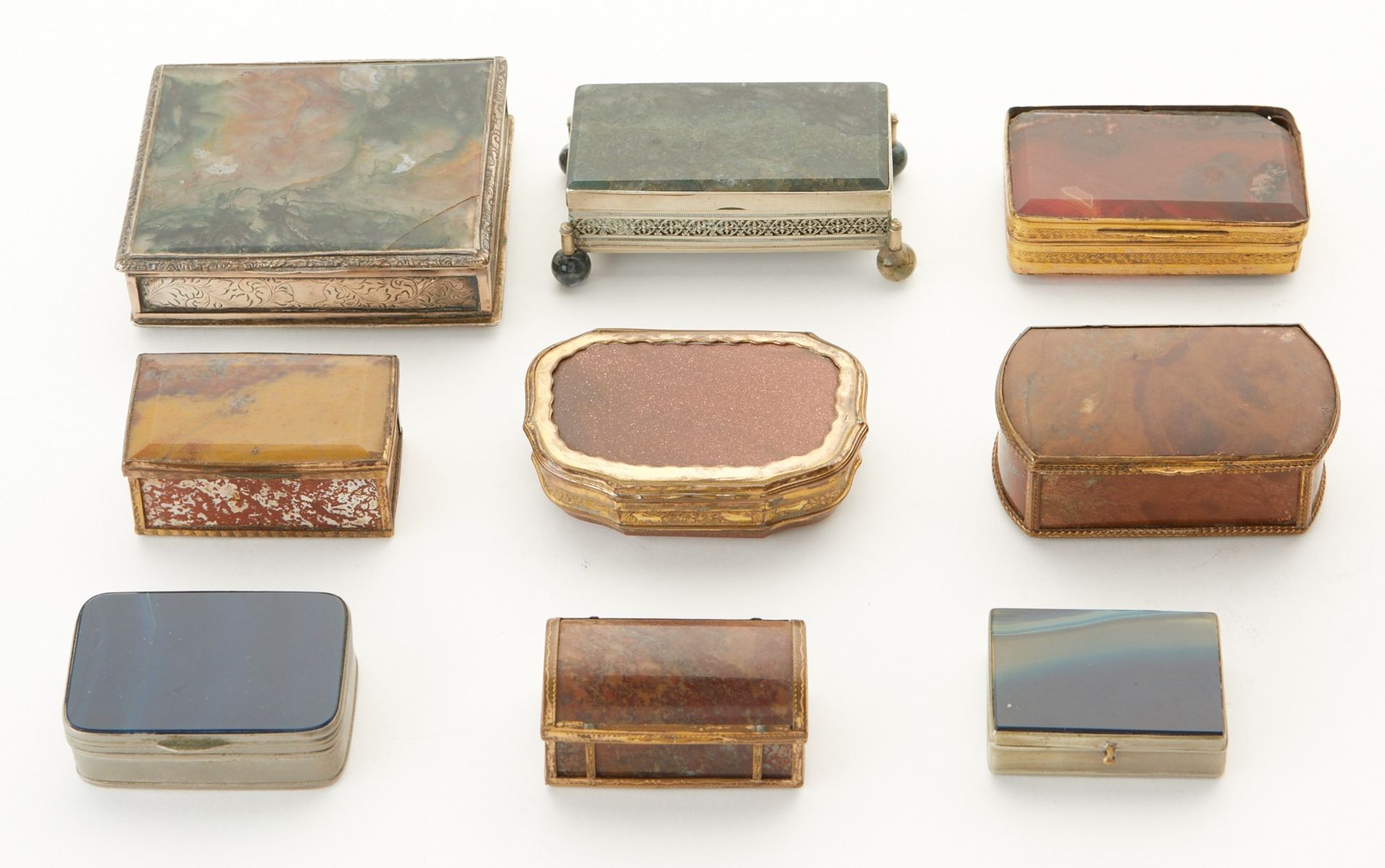 Grp: 9 Silver Brass & Agate Boxes Snuff Box