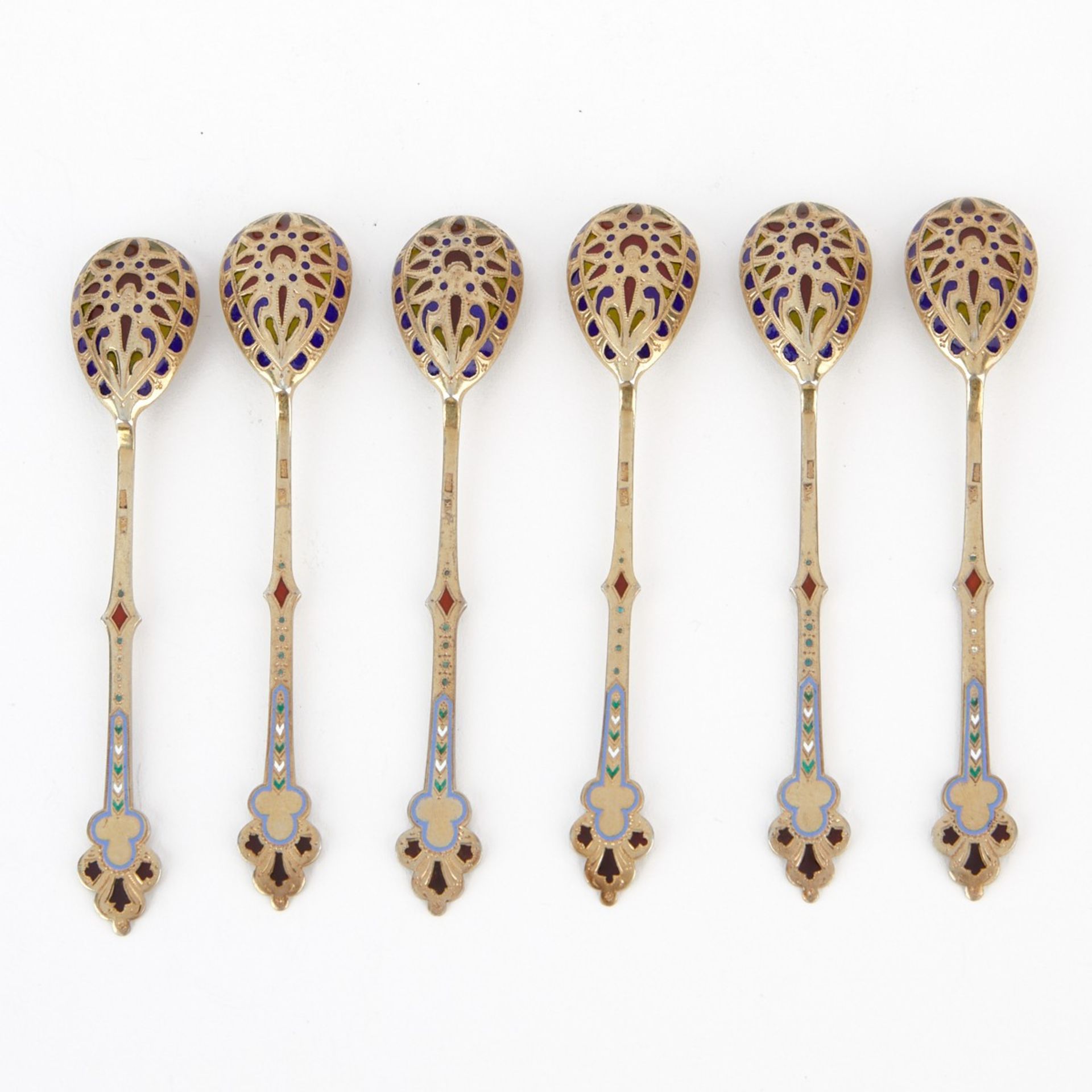 Set 6 Russian Silver Plique a Jour Spoons - Bild 3 aus 6