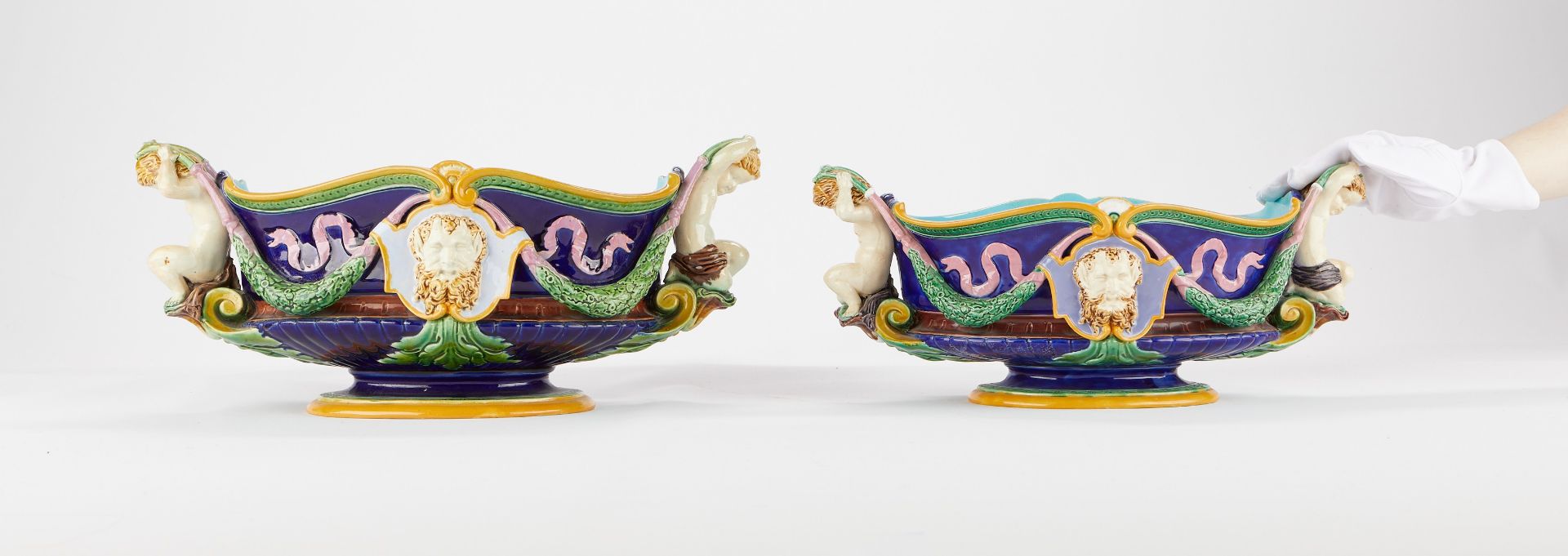 Pr: Minton Majolica Jardinieres w/ Satyrs & Putti