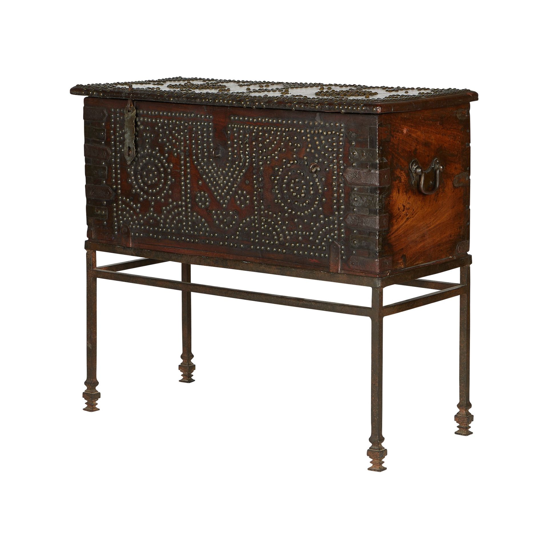 19th c. Studded Hardwood Chest w/ Iron Stand